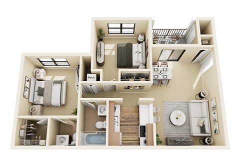 Floor plan for 2 beds, 1 bath, 855 sqft